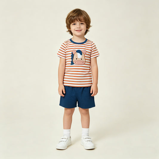 RTS NO MOQ BSSO0380 Baby Boys Stripe Top Embroidery Horse Pattern Shorts Western Casual Set
