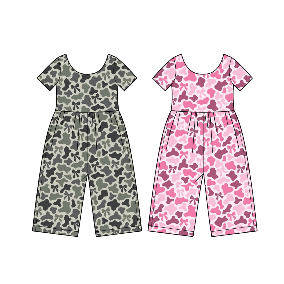 (Preorder new) No moq Baby Girls Camo Print Bow Short Sleeve Wide Leg Jumpsuit