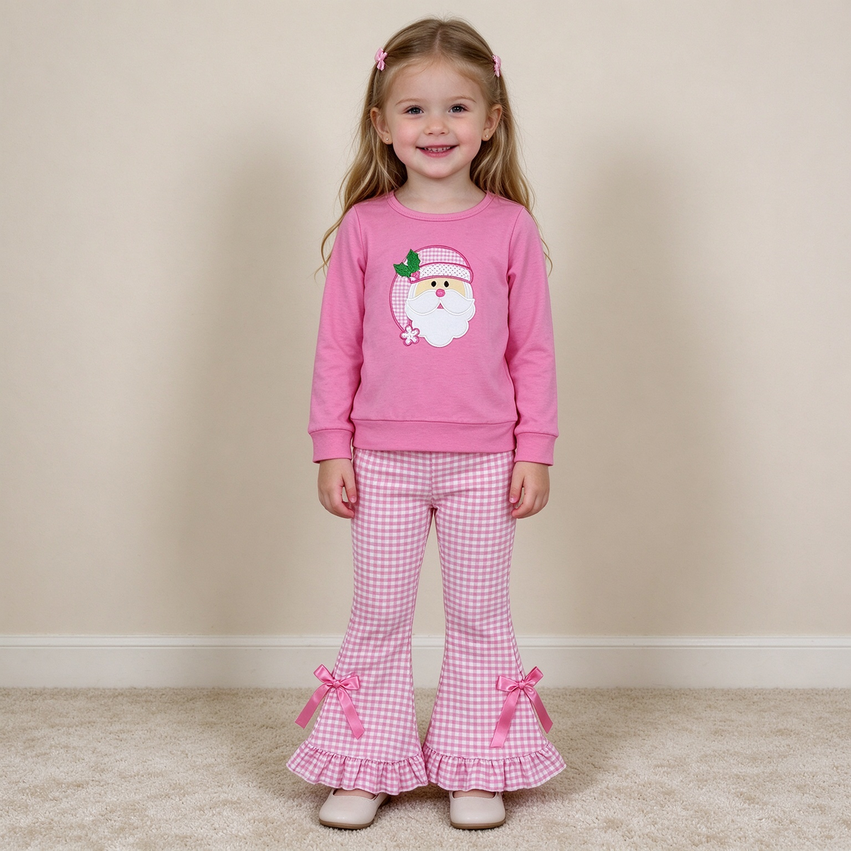 NEW RTS NO MOQ milk silk GLP3561 Embroidery Santa Baby Girls Holly Santa Long Sleeve Top Checked Flare Pant Casual Christmas Outfit