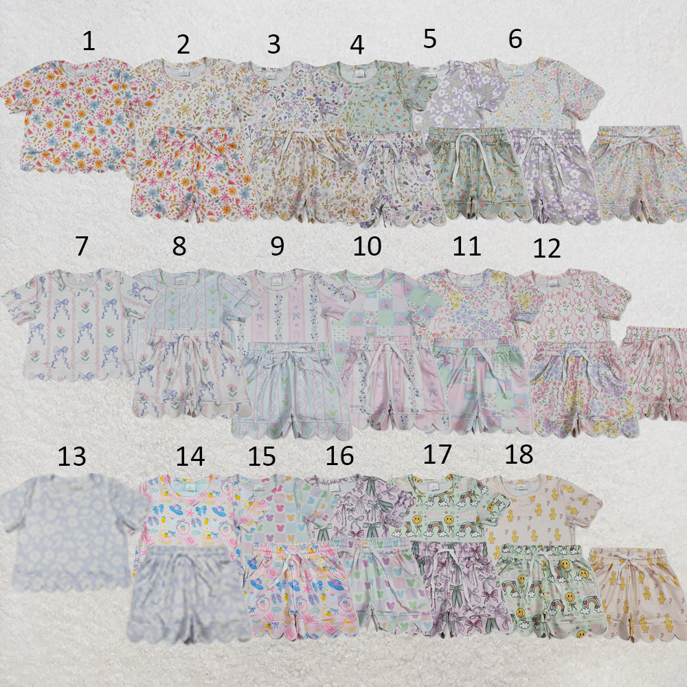 RTS NO MOQ Sibling milk silk Baby Girls Colorful Flowers Short Sleeve Shirt Scallop Casual Shorts Clothing Suit