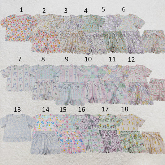 RTS NO MOQ Sibling milk silk Baby Girls Colorful Flowers Short Sleeve Shirt Scallop Casual Shorts Clothing Suit