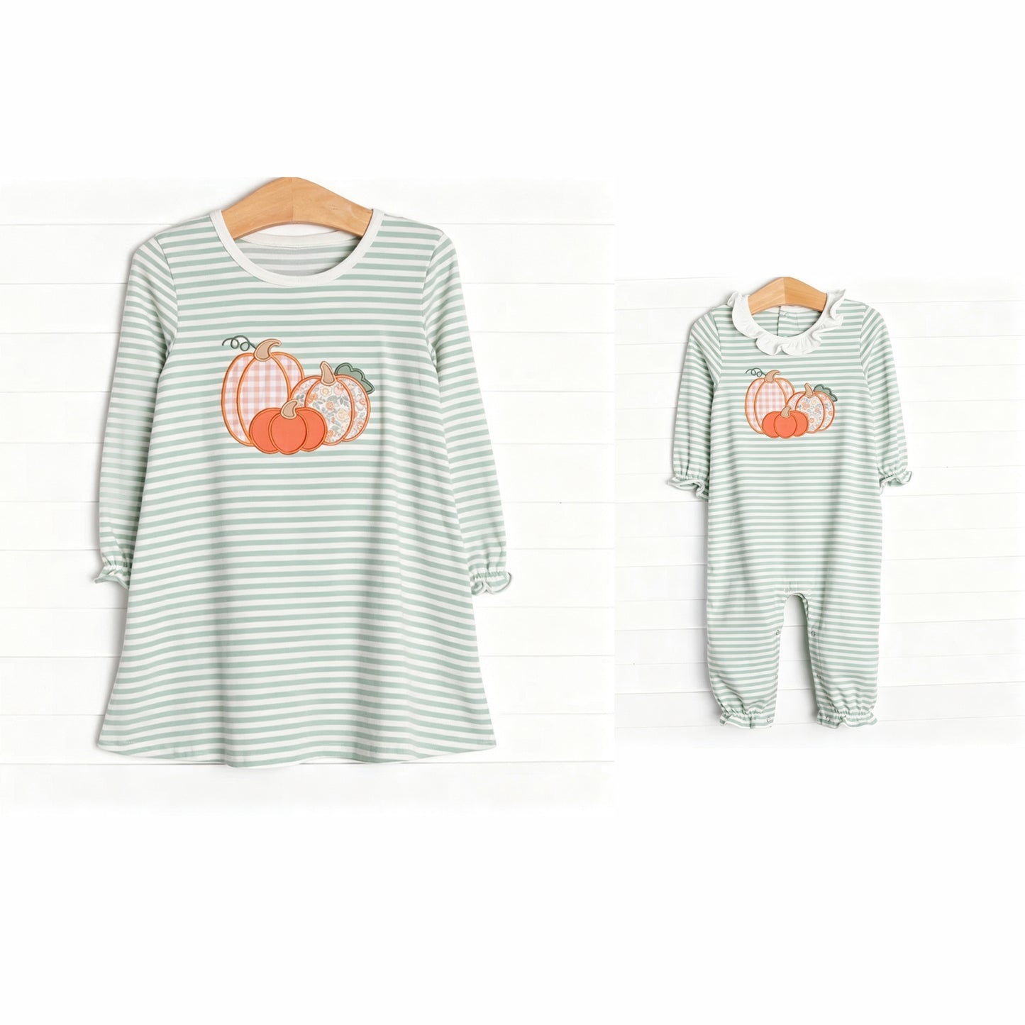 (Preorder new) No moq Baby Girls Fall Floral Pumpkin Striped Print Pocket Knee Length Casual Dress Rompers