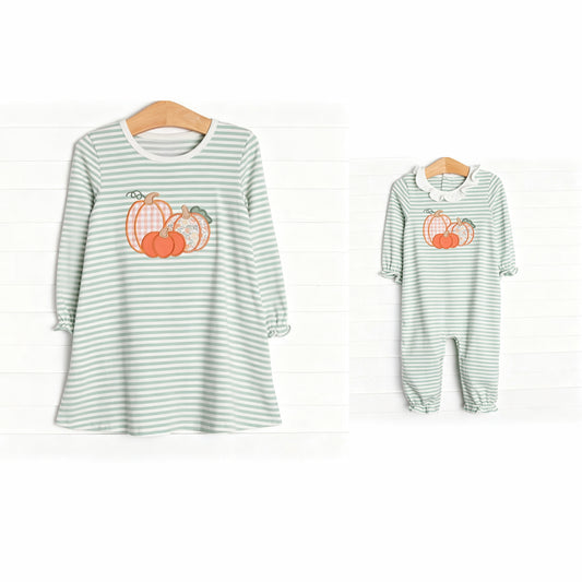 (Preorder new) No moq Baby Girls Fall Floral Pumpkin Striped Print Pocket Knee Length Casual Dress Rompers