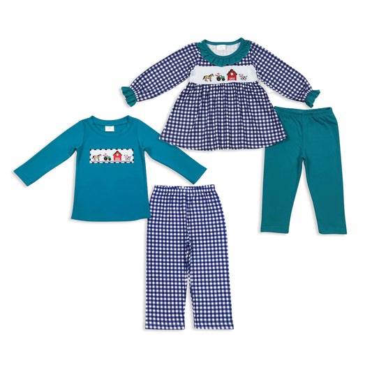RTS NO MOQ Sibling Baby girl boy clothes embroidery farm animal house Long Sleeve Pants Sets