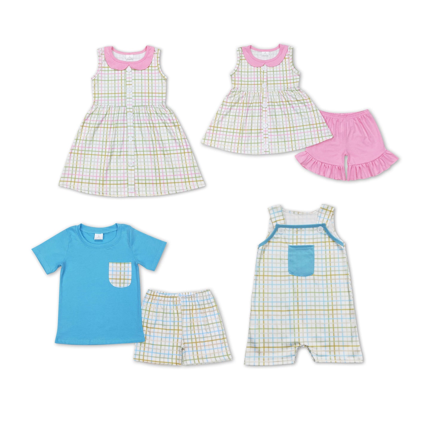 RTS Boys and girls plaid Short Sleeve Shorts sets dress rompers