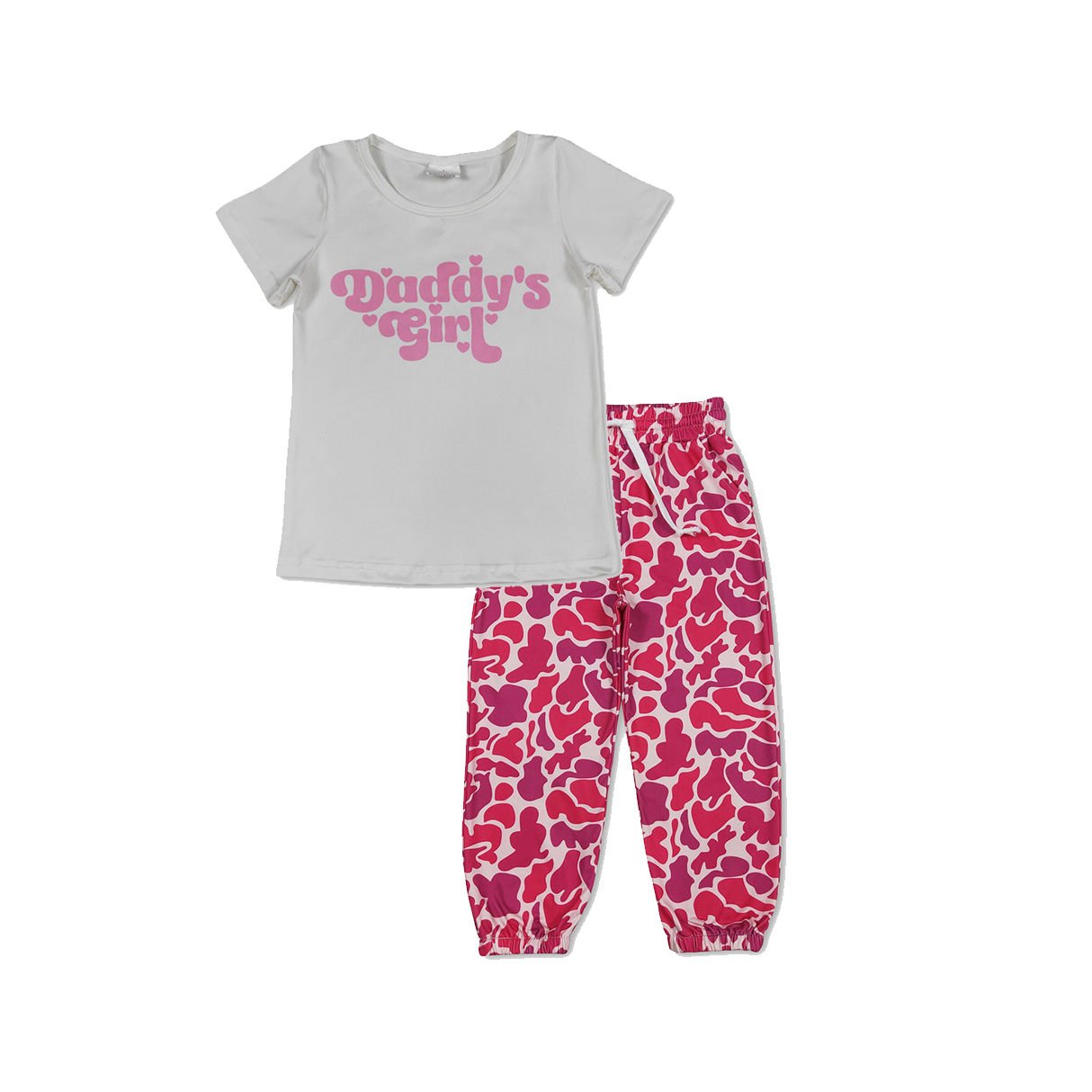 RTS NO MOQ milk silkGT1566+P0696  Baby Girls Short Sleeve Daddy's Girl Hearts T-shirts Top and Southern Hot Pink Camo Pockets Jogger Pant Bottoms