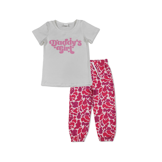 RTS NO MOQ milk silkGT1566+P0696  Baby Girls Short Sleeve Daddy's Girl Hearts T-shirts Top and Southern Hot Pink Camo Pockets Jogger Pant Bottoms