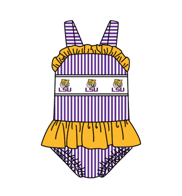 Custom moq 5 mix size milk silk summer teams Baby Girl Purple Stripe Two-Piece Swimsuit Set One Piece Swimsuits Boys Swim Trunks