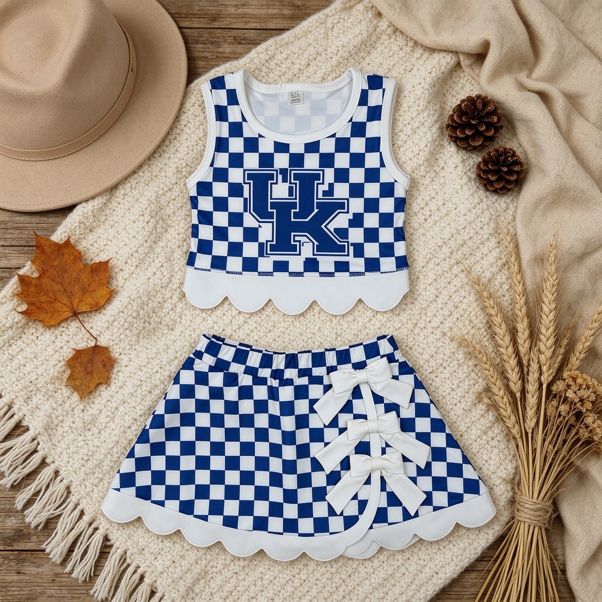 NEW RTS NO MOQ yoga fabric GSD4283 Yoga Baby Girls Blue Checked Sleeveless Vest Bows Skirt Short Scallop Yoga Set