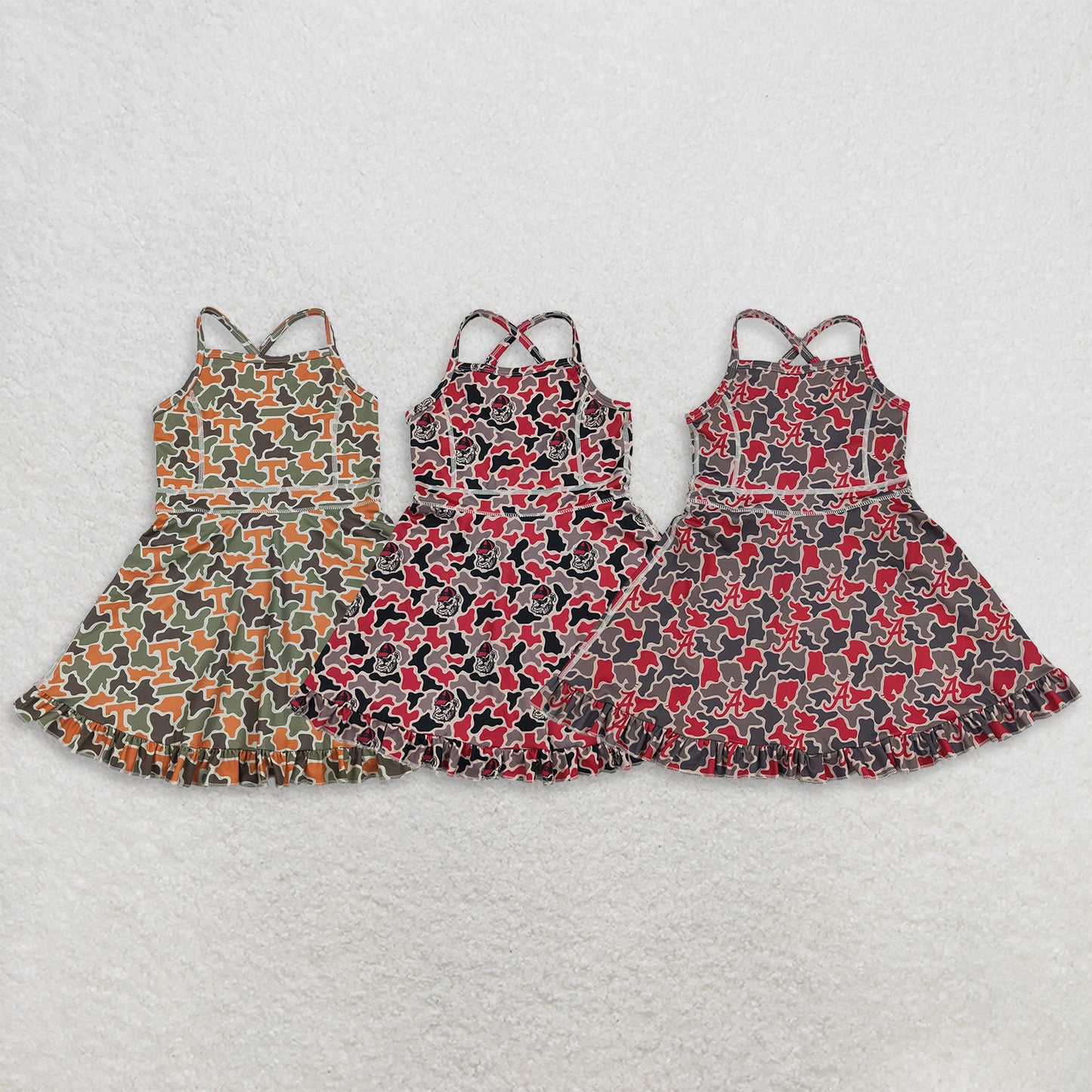 RTS NO MOQ Sibling milk silk Baby Girls Strap Camo Team Print Ruffle Knee Length Dress With Shorts
