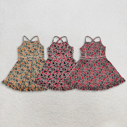 RTS NO MOQ Sibling milk silk Baby Girls Strap Camo Team Print Ruffle Knee Length Dress With Shorts