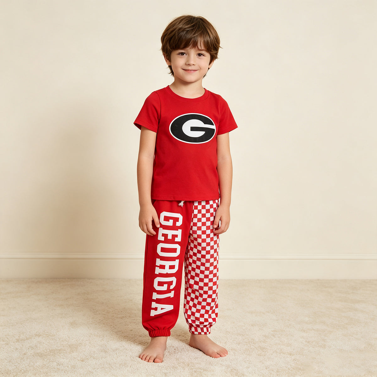 NEW RTS NO MOQ milk silk BSPO0700（BT1886+P1063）Baby Boys Red Print T Shirt Top With Pockets Matching Joggers Two Piece Team Clothes Set