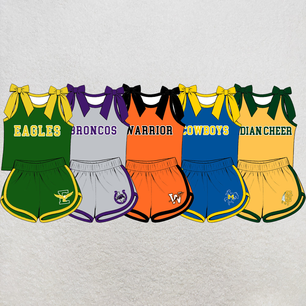 custom moq 5 mix size  XY072102 Baby Girls Bow Sleeveless Letter Printed  Top Shorts Summer Team Clothes Set