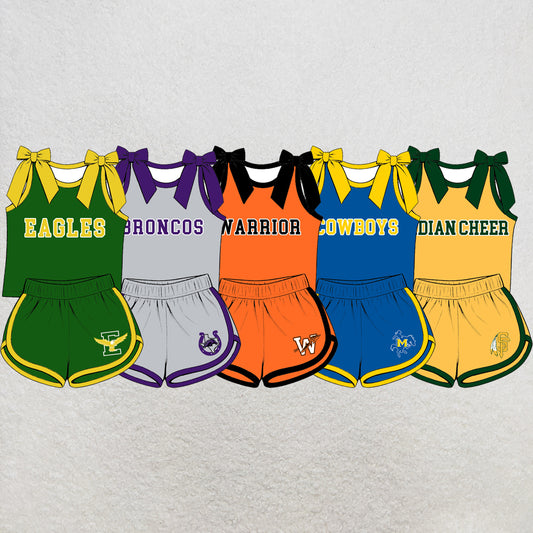 custom moq 5 mix size  XY072102 Baby Girls Bow Sleeveless Letter Printed  Top Shorts Summer Team Clothes Set