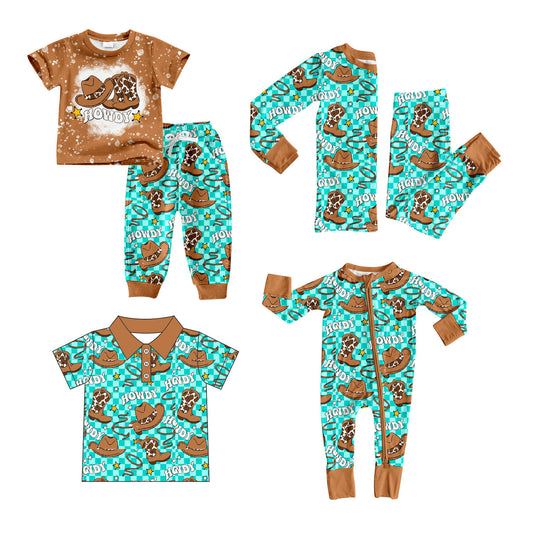 25.9.25 custom each style moq 8 eta 6-8week Sibling Sisters howdy hat bow baby boy long sleeve pants sets 2 and top and rompers match family design
