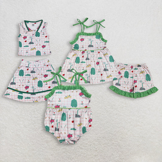 RTS NO MOQ Sibling Baby Girls Pink Checked Flower Golf Tunic Ruffle Shorts Set Strap Rompers Button Top Skirt Short Active Yoga Clothes