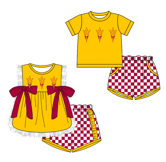 Custom moq 5 mix size milk silk summer teams Yellow Girl Sleeveless Top And Plaid Shorts Set with Bow Boy Short Sleeved Top And Plaid Shorts Set