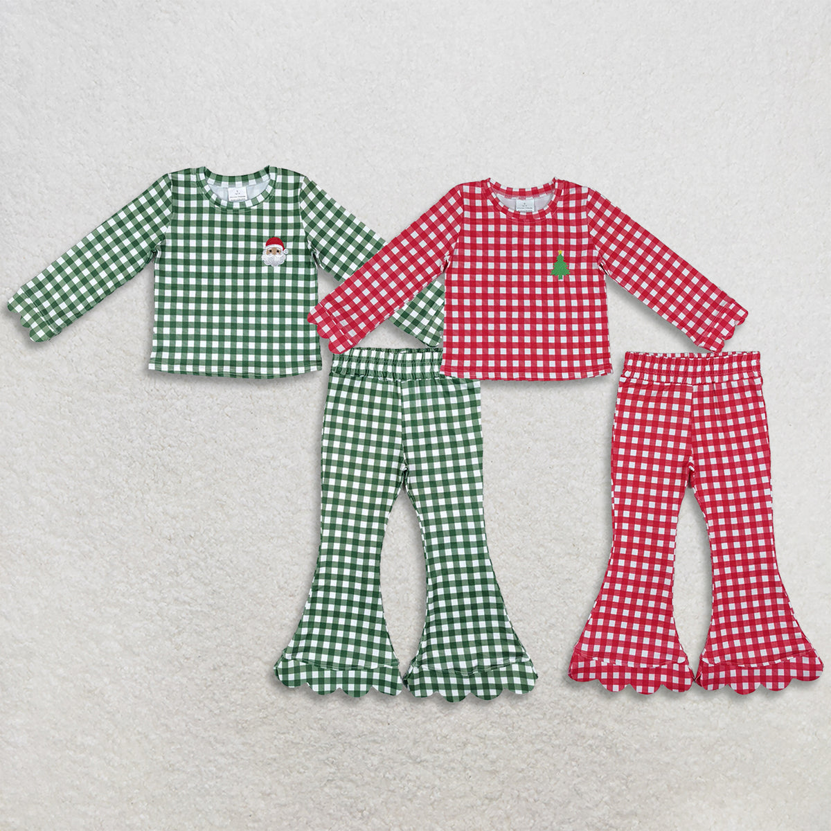 RTS NO MOQ Sibling milk silk Baby Girls Christmas Gingham Santa Tree Embroidery Top Scallop Bell Bottom Pants Set