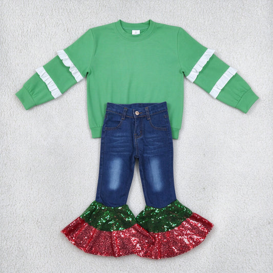 NEW RTS NO MOQ Denim GT1858+ P0113 Baby Girls Green White Ruffle Sleeve Top Christmas Denim Sequin Bell Bottom Pants Jeans Set
