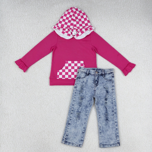 NEW RTS NO MOQ Denim GT1851+ P0244 Baby Girls Hot Pink Checkered Ruffle Hoodie With Pocket Denim Jeans Pants Set