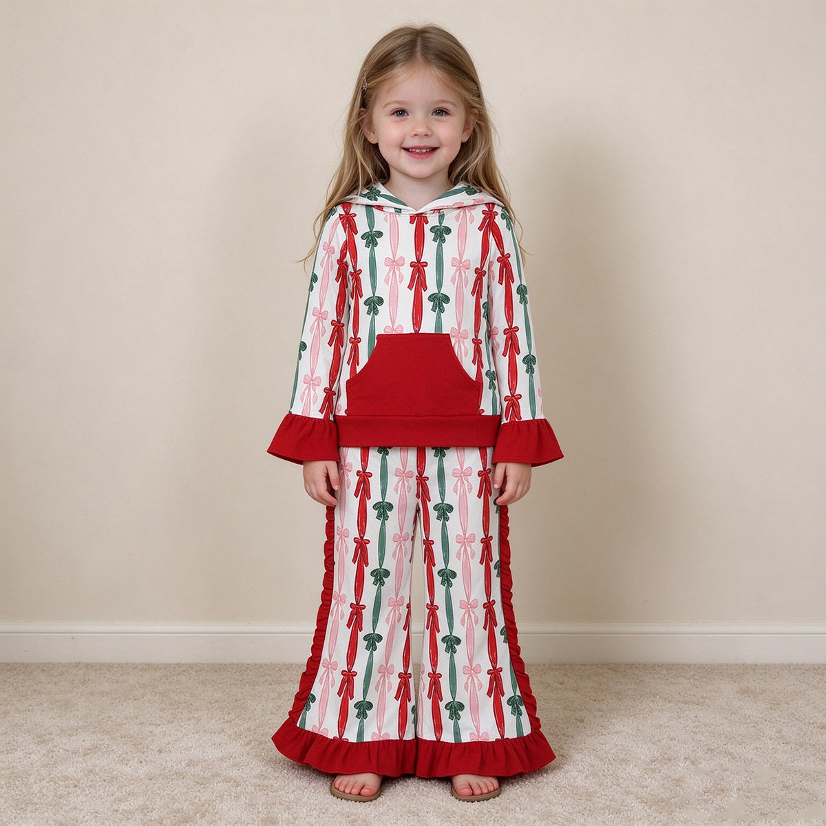 NEW RTS NO MOQ milk silk GLP3497 Baby Girls Green Red Bows Stripe Pocket Hoodie Ruffle Pant Christmas Sets Holiday Outfit