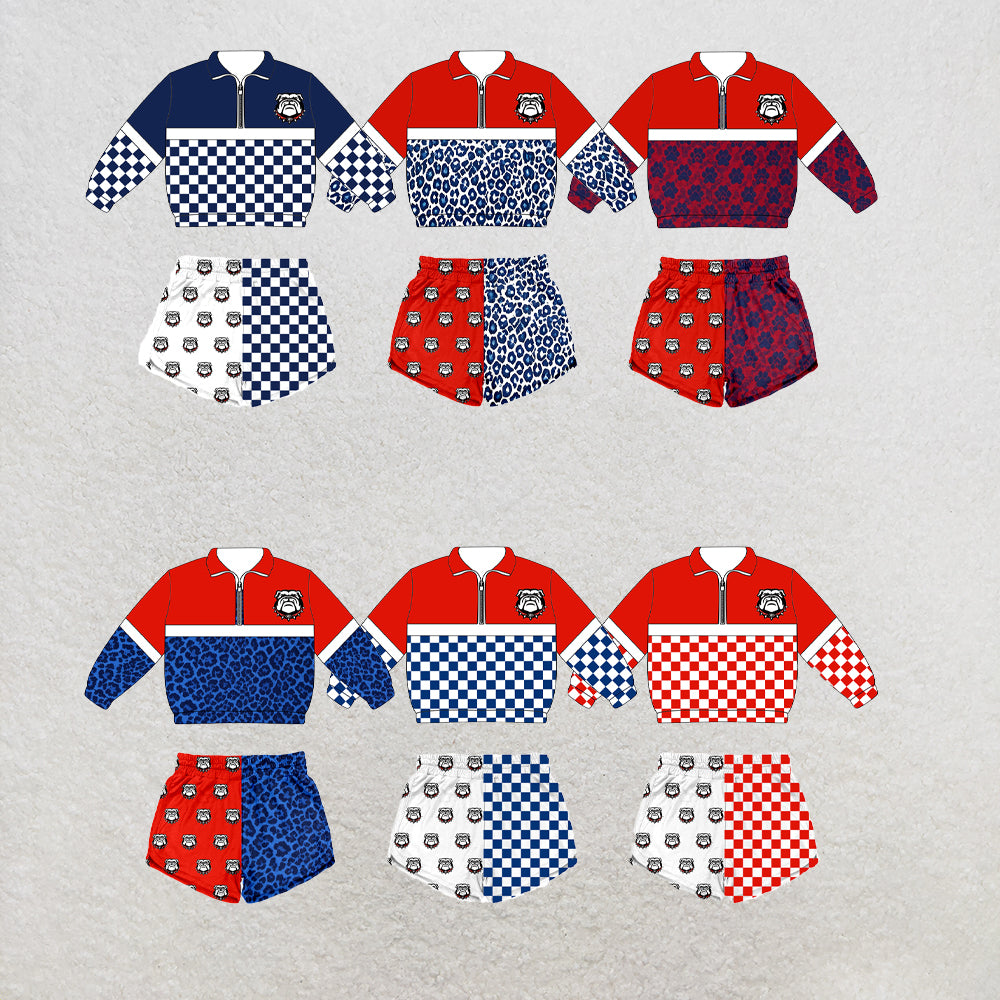 Custom moq 5 mix size summer teams Baby Plaid Long Sleeved Zip Up Top And Shorts Set