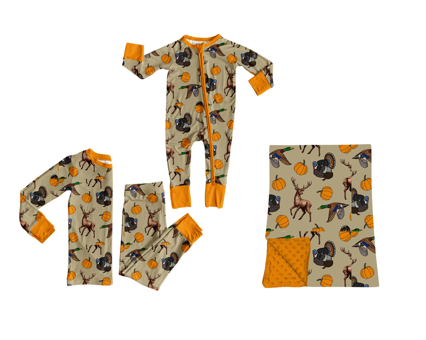 (Preorder new) No moq Boys Turkey Deer Duck Pumpkin Thanksgiving Hunting Print Long Sleeve Matching Pajamas Set Romper Blankets