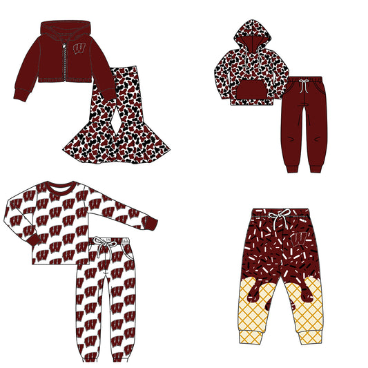 Custom moq 5 mix size milk silk summer teams baby girls clothes camouflage brick red hooded long sleeve pants sets 2 and boy pants sets and pant-25.8.7