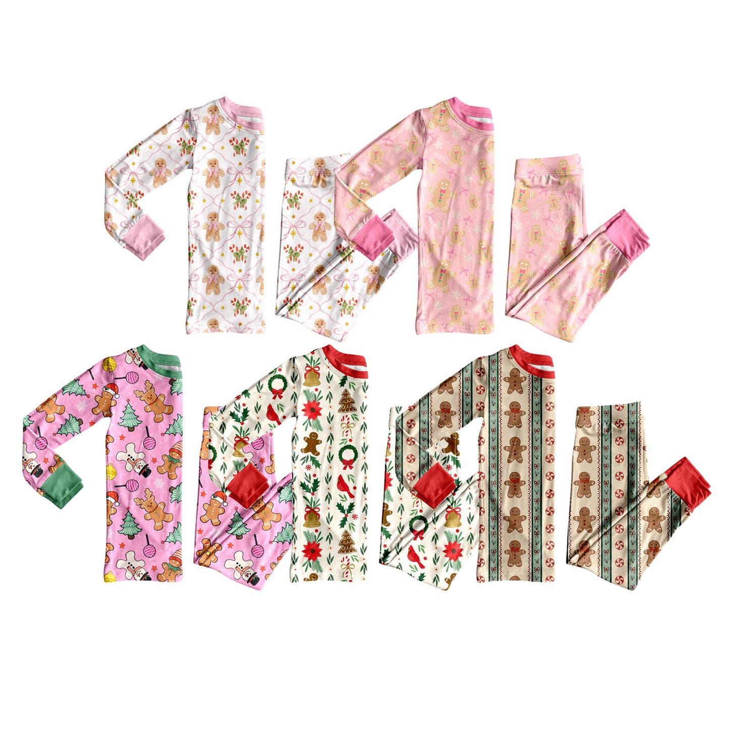 (Preorder new) No moq Baby Girls Pink Trim Gingerbread Man Candy Cane Print Long Sleeve Two Piece Christmas Pajama Set