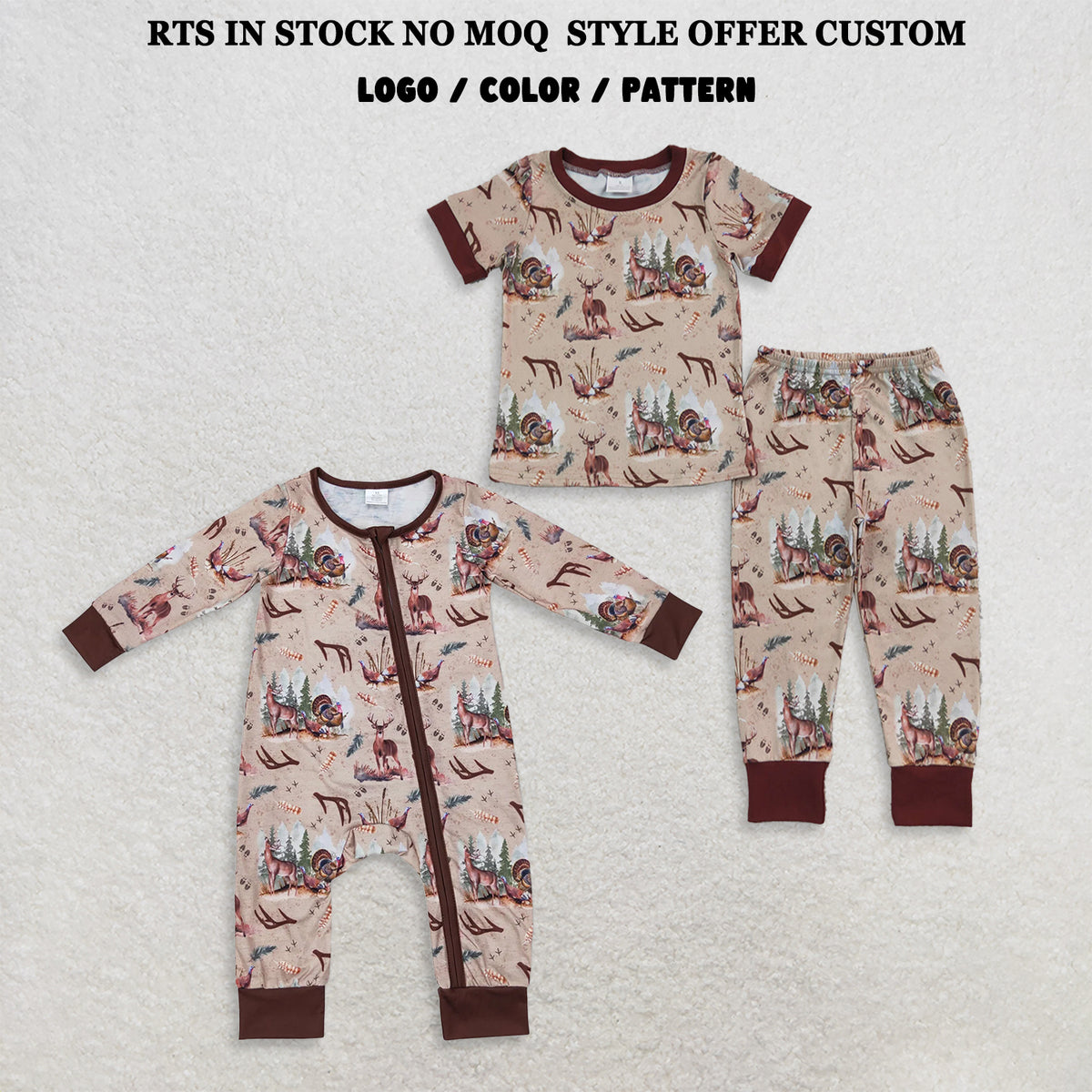 RTS NO MOQ Sibling milk silk Baby Boys Short Sleeve Deer Turkey Print Top Pant Pajamas Sets Rompers