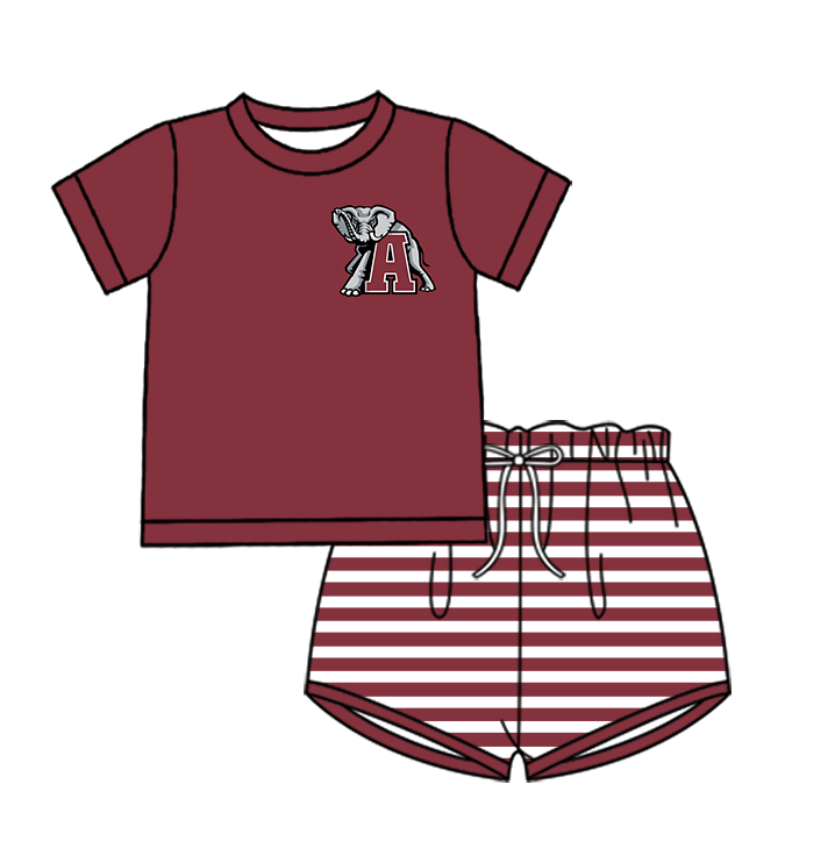 Custom moq 5 mix size milk silk summer teams baby girl boys clothes dark red short sleeve shorts sets and swimsuit and rompers series