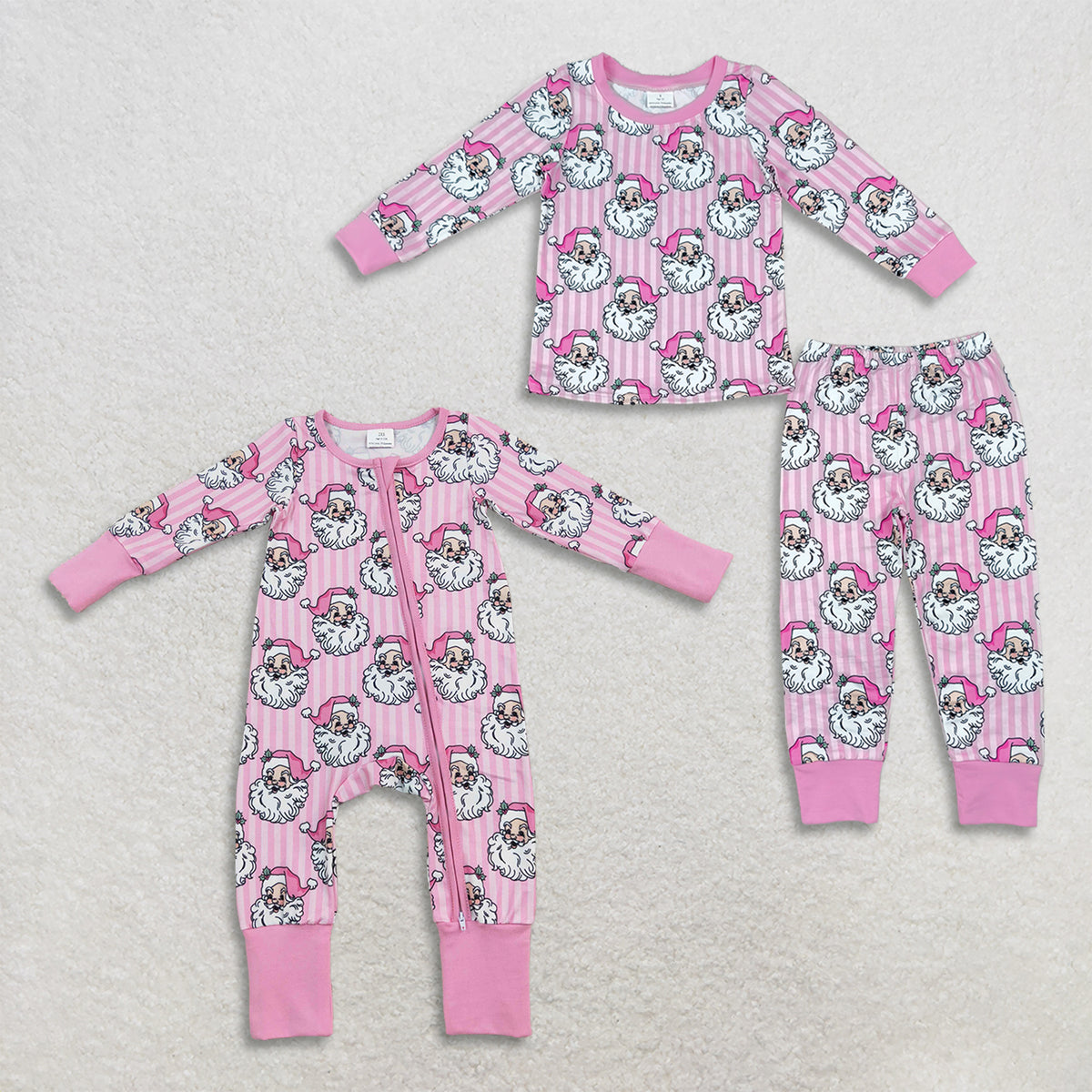 RTS NO MOQ Sibling milk silk Baby Girls Pink Santa Striped Matching Pajamas Set Kids Romper Sleepwear