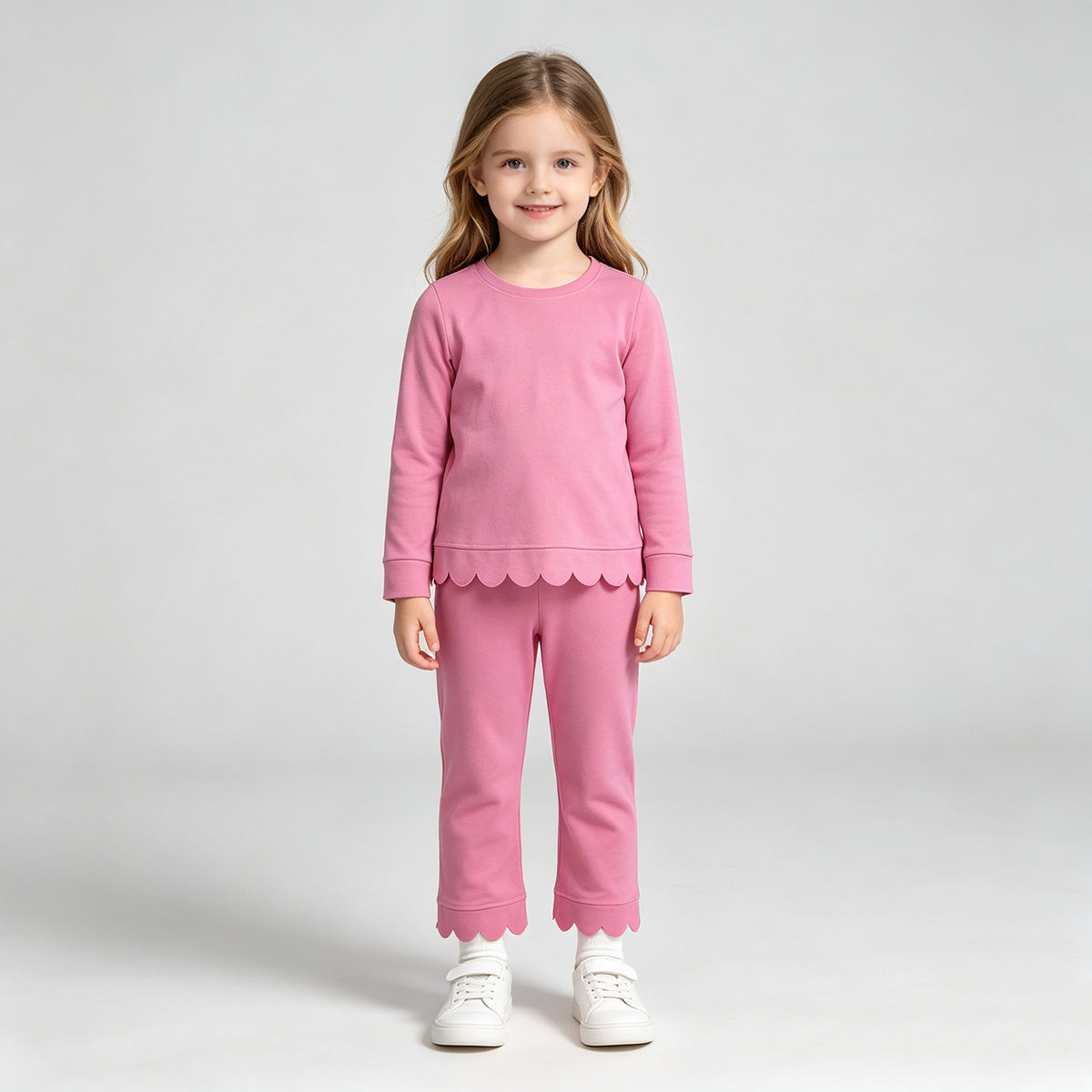 NEW RTS NO MOQ cotton GLP3294 Baby Girls Solid Pink Scallop Edge Long Sleeve Tee Pants Soft Sleepwear Clothes Set