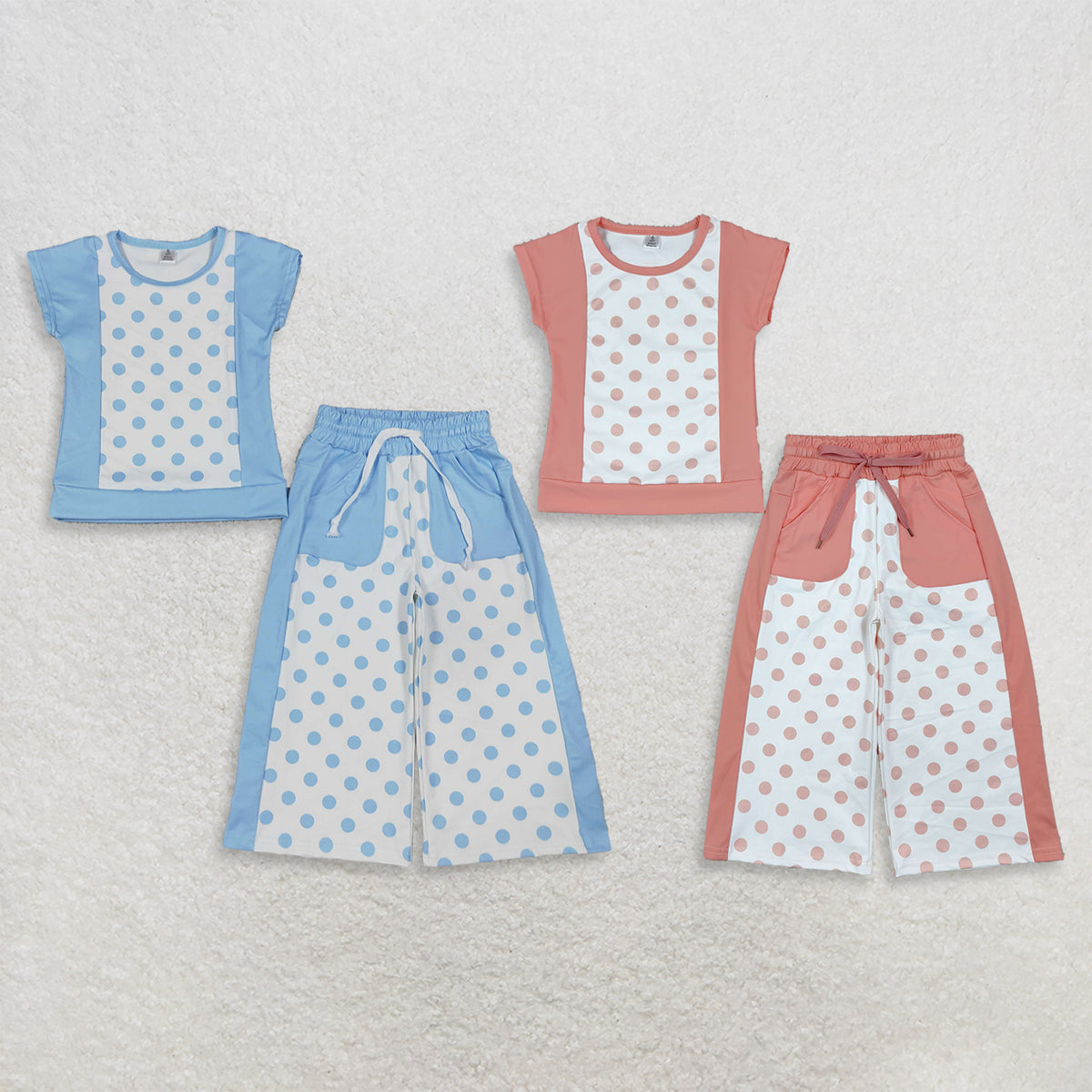 RTS NO MOQ Sibling yoga fabric Baby Girls Polka Dots Top Pockets Flare Pant Yoga Set
