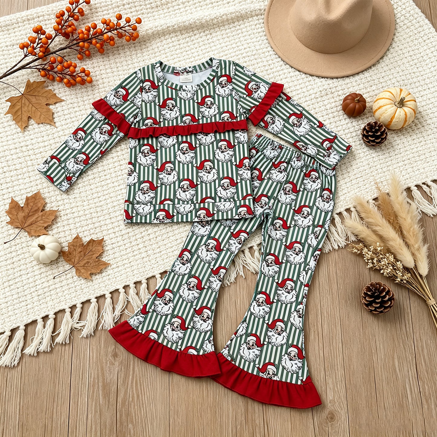NEW RTS NO MOQ milk silk GLP3452 Baby Girls Santa Green Stripe Print Long Sleeve Top Bell Bottom Flare Pants Christmas Set