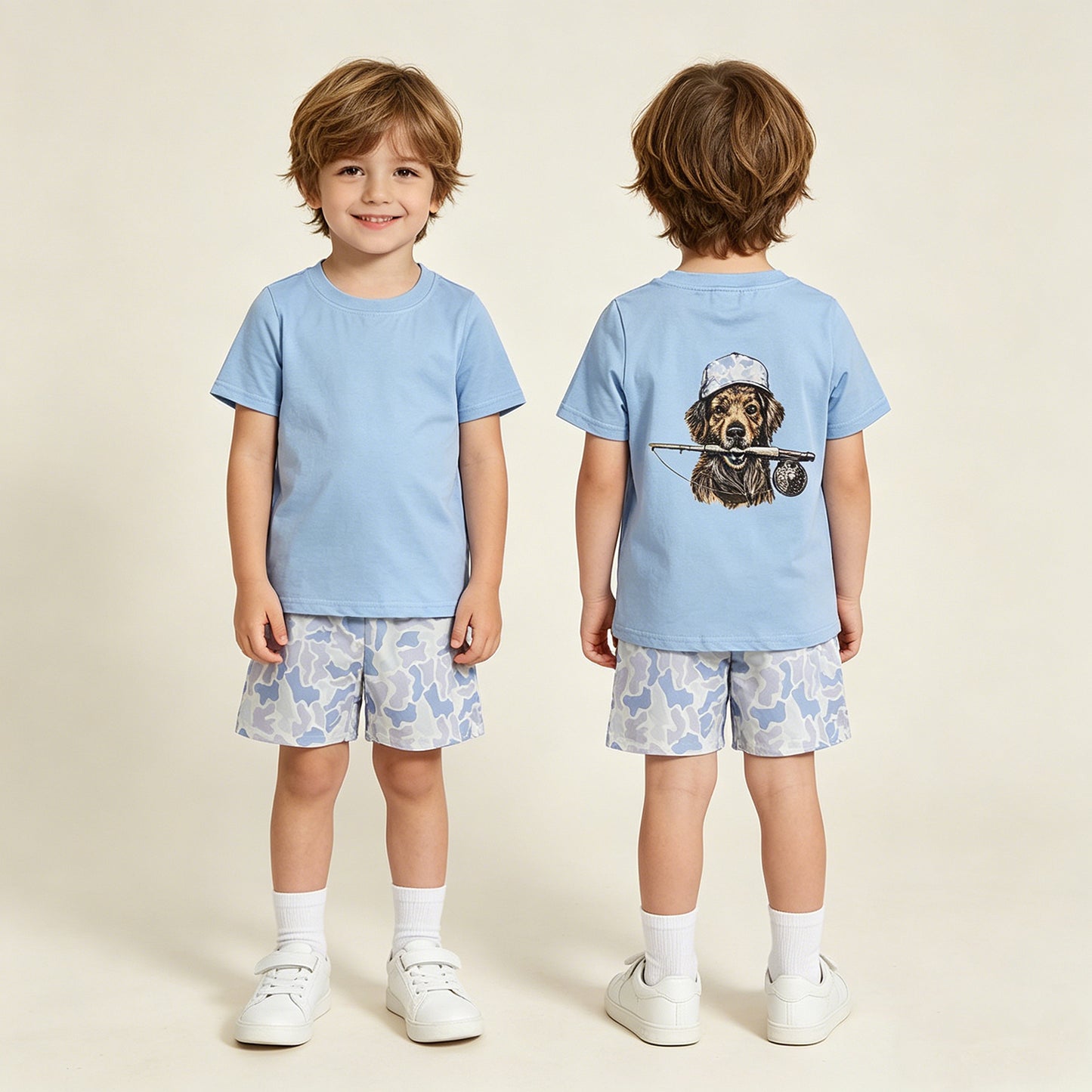 RTS NO MOQ milk silk BT1765+SS0886 Baby Boys Dog Fishing Hunting Blue Short Sleeve Top Blue Camo Pocket Shorts Set