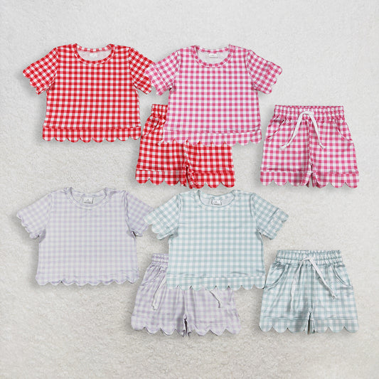 RTS NO MOQ Sibling Baby Girls Colorful Checked Scallop Short Pajamas with Pockets Shirt Top Set Cute Baby Outfit Clothes Set