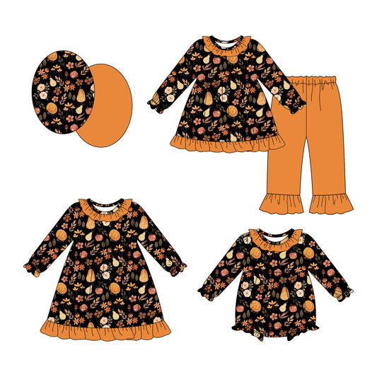 25.7.17 custom each style moq 5eta 4-6week Sibling Sisters pumpkin baby girl long sleeve pants sets and dress and rompers match family design
