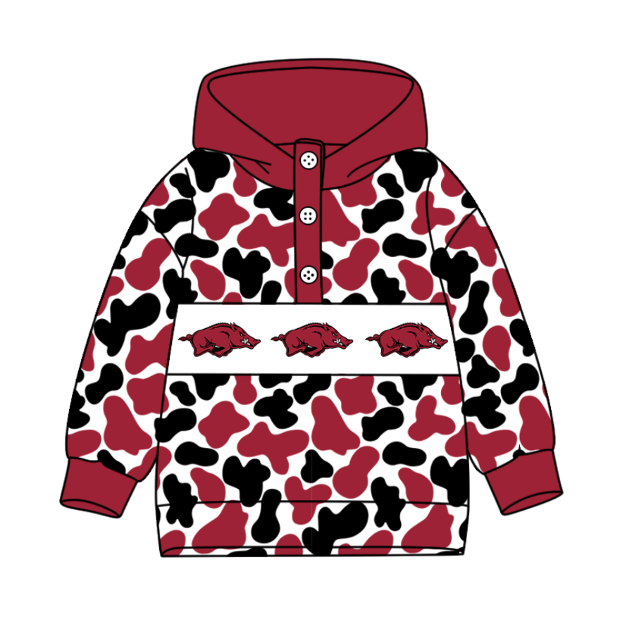 1-Custom moq 8 mix size milk silk summer team baby boy clothes camouflage brick red hooded long sleeve top-25.10.9