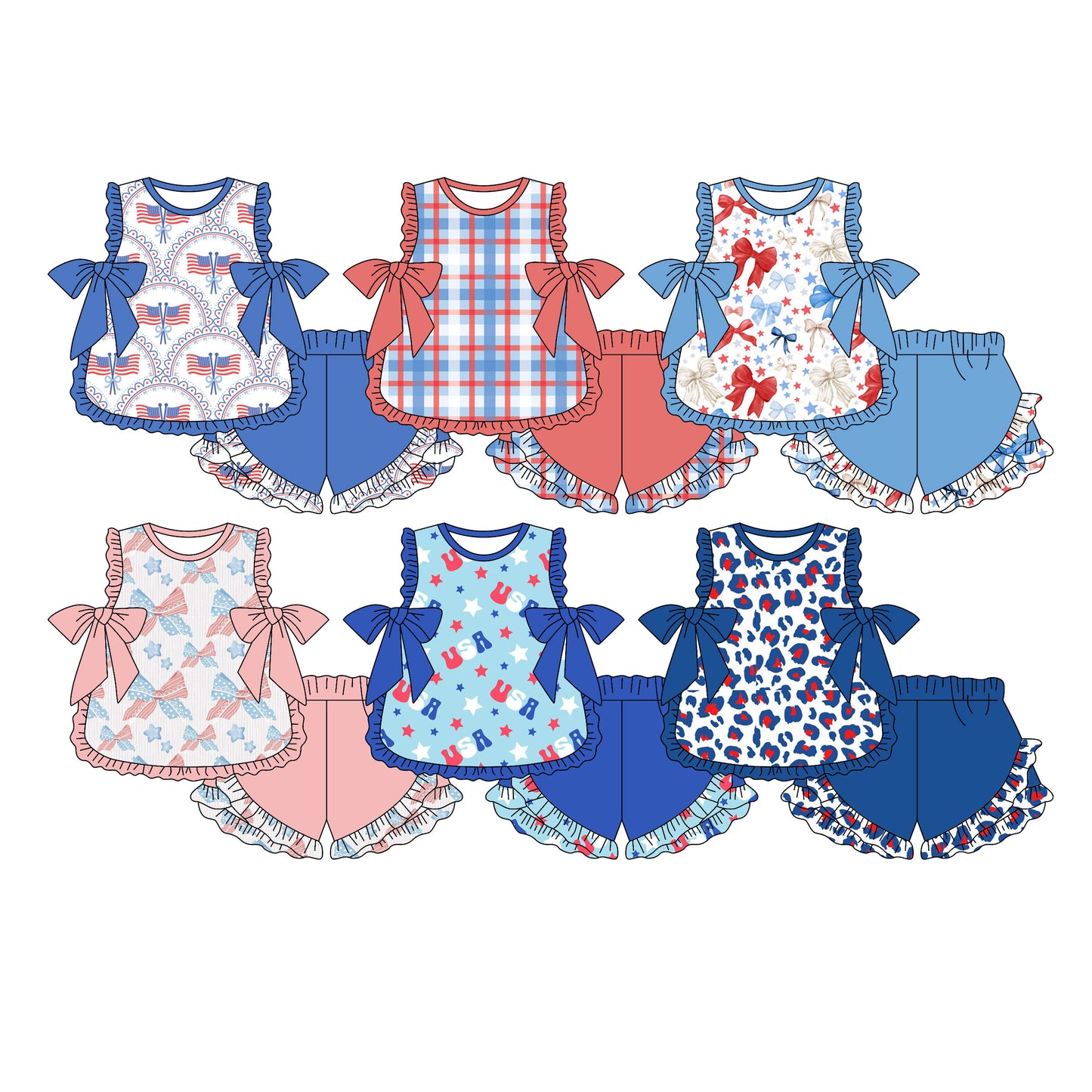 Custom moq 5 mix size Sibling Baby Girl Sleeveless Top And Shorts Set Cute 4th of July Outfit for Little Girls Summer Clothes