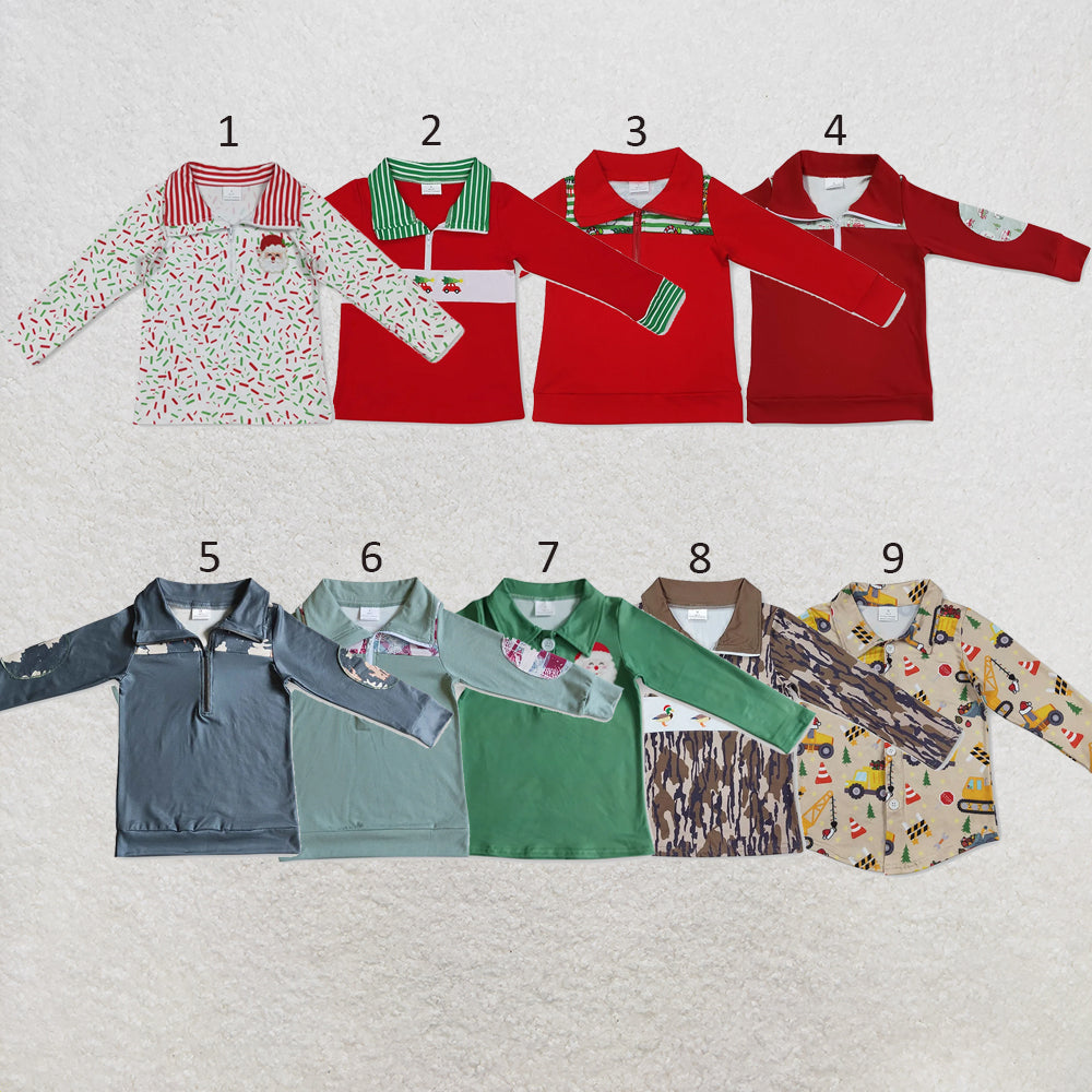 RTS NO MOQ Sibling milk silk Baby Boys Embroidery Santa Red Green Sprinkles Print Zipper Front Pullovers