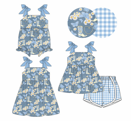 4.3 custom each style moq 5eta 4-6week Sibling Sisters boot floral bow baby girl short sleeve shorts sets and dress and rompers match family design