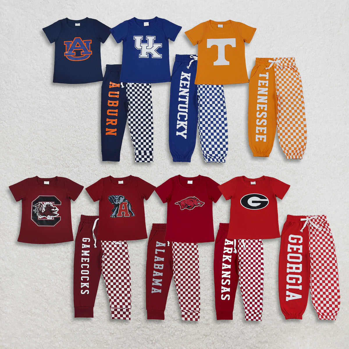 RTS NO MOQ Sibling milk silk Baby Boys Team Short Sleeve Tee Checkerboard Jogger Pant Set