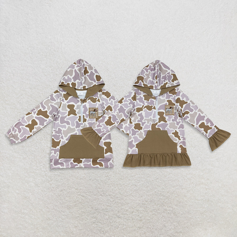 RTS NO MOQ Sibling Baby Girls boy clothes embroidery Zipper Stand Collar Pullover hooded Long Sleeve Top