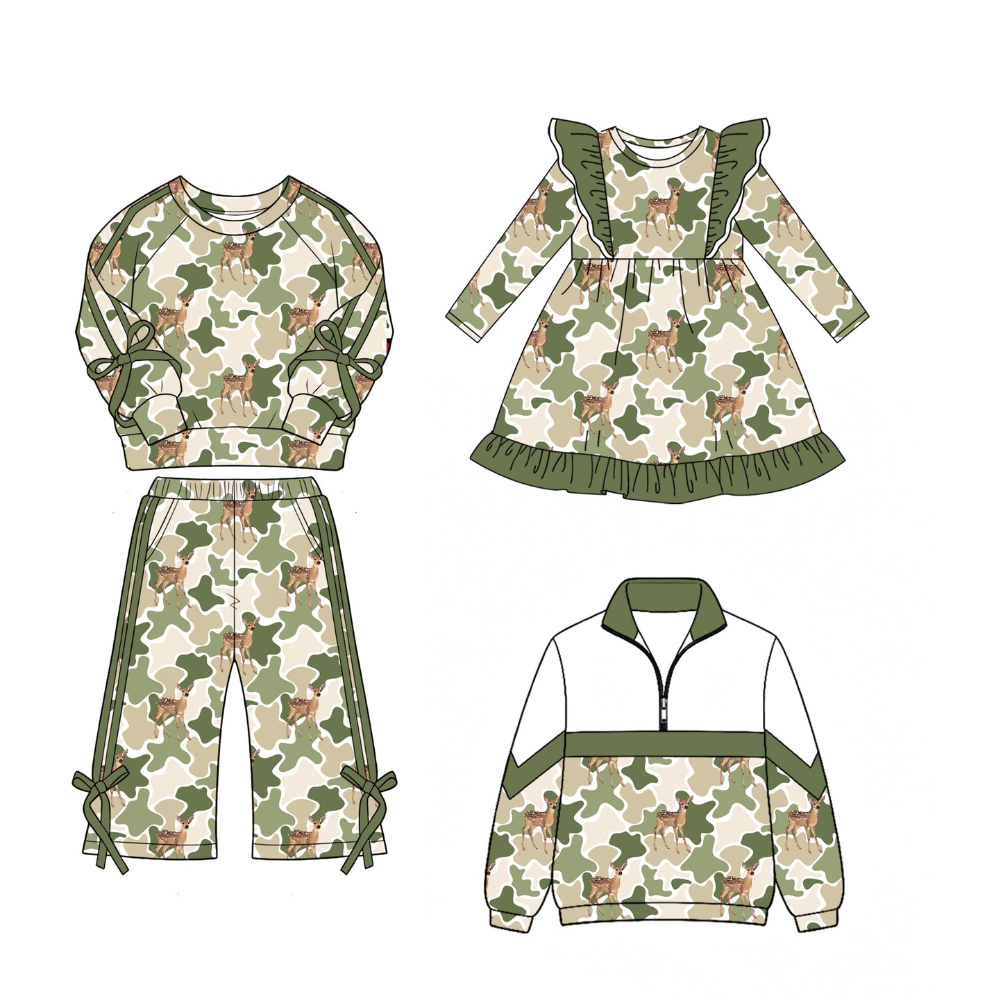(Preorder new) No moq Baby Deer Print Camouflage Long Sleeve Pants Sets Dress Matching Zip Up Long Sleeve Sweater