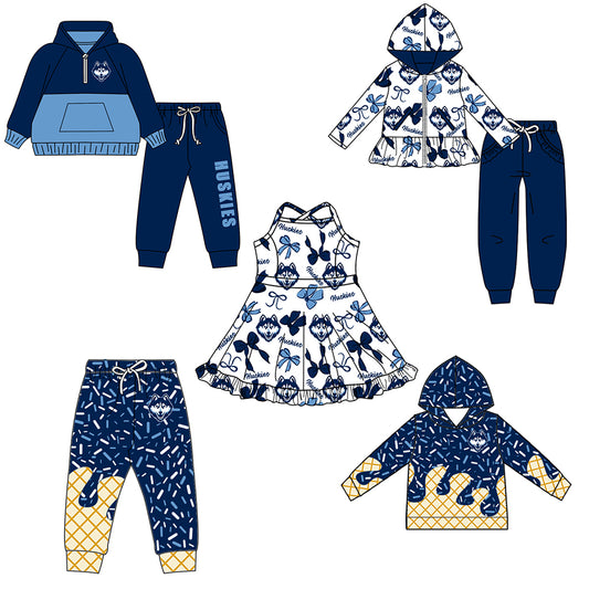 Custom moq 5 mix size milk silk summer teams baby girls clothes bow blue hooded long sleeve pants sets and boy sets and dress and hooded top and pant-25.8.16