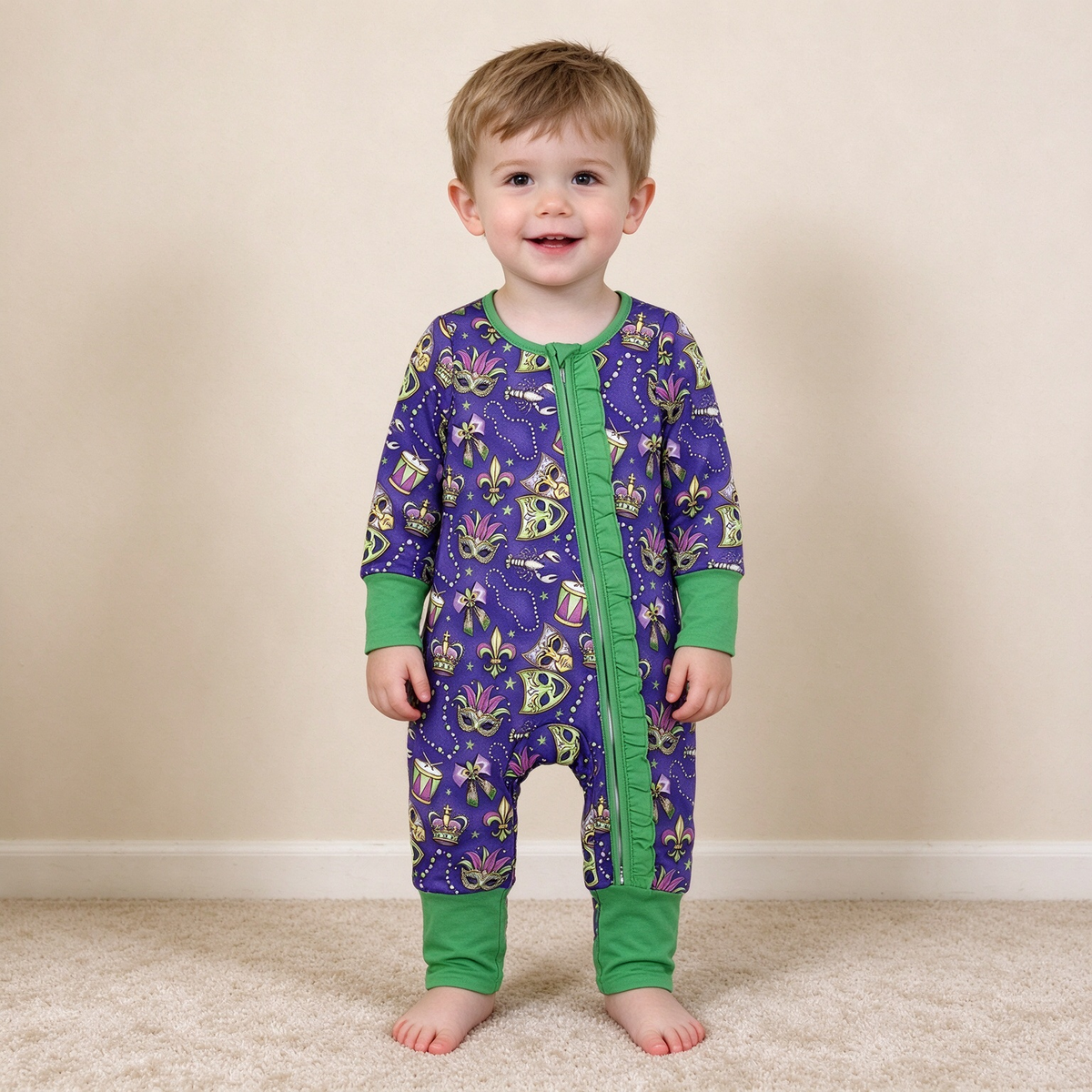 NEW RTS NO MOQ milk silk LR3334 Baby Girls Holiday Purple Long Sleeve Two Way Ruffle Zip Convertible Rompers
