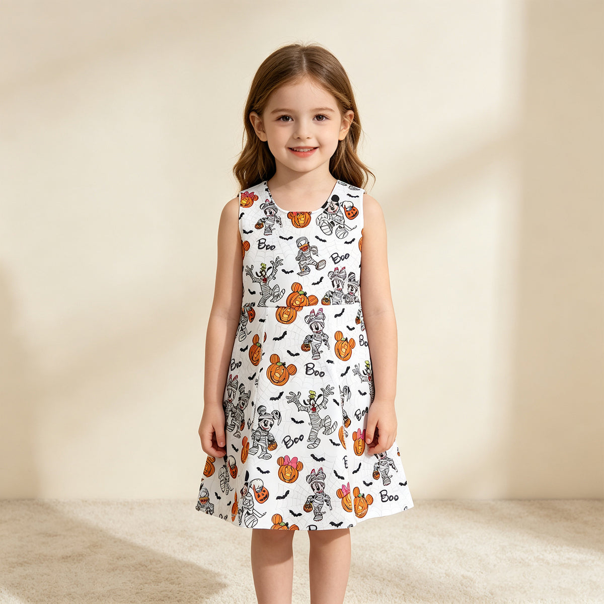 NEW RTS NO MOQ yoga fabric GSD4291 Yoga Cute Clothes Baby Girls Pumpkin Halloween Print Sleeveless Knee Length Athletic Dress