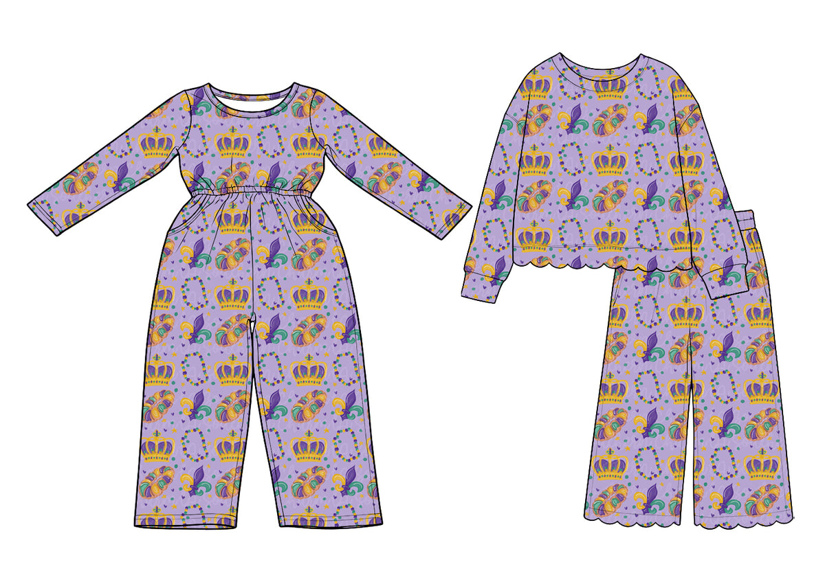 (Preorder new) No moq cotton Baby Girls Print Jumpsuit And Girls Ruffled Top Wide Leg Pants Set Purple Green Gold Matching Outfit