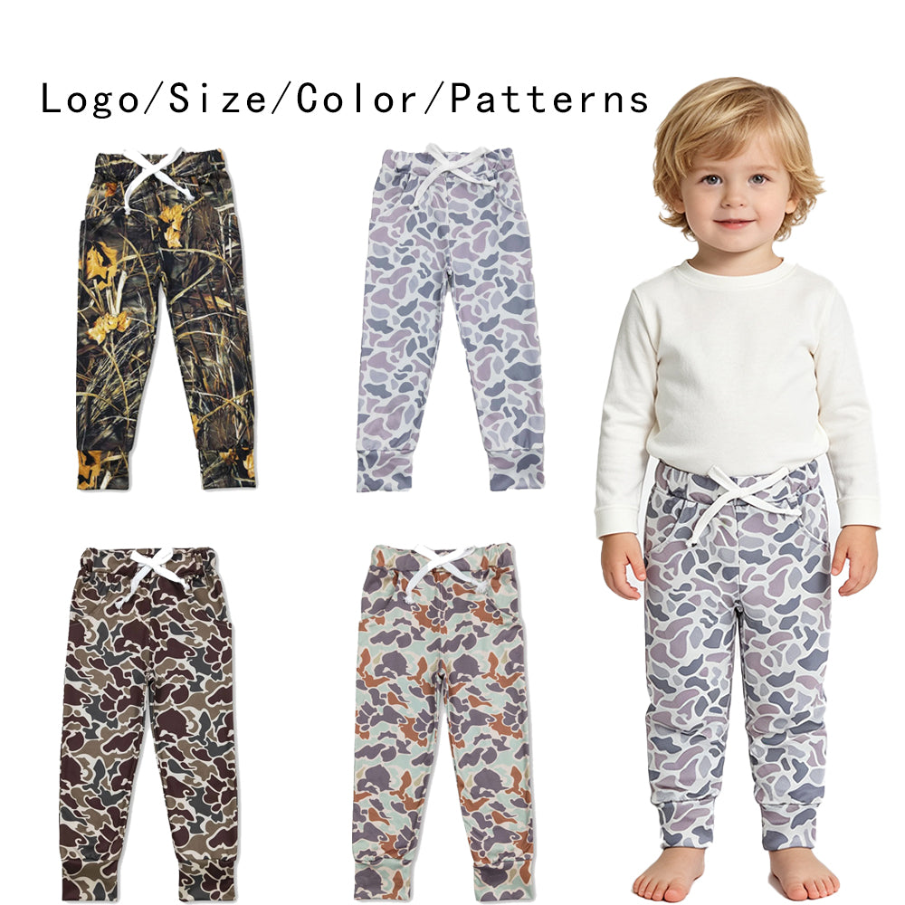 RTS NO MOQ Sibling milk silk Baby Boys Camo Jogger Pants Drawstring Waist Casual Trousers